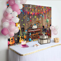 Lofaris Bunter Musikparty-Hintergrund mit Instrumenten und Konfetti, fröhliche Fotokulisse für Partys und Events