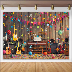 Lofaris Bunter Musikparty-Hintergrund mit Instrumenten und Konfetti, fröhliche Fotokulisse für Partys und Events