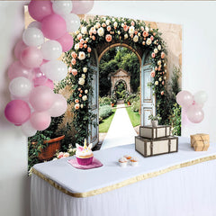 Lofaris Romantischer Blumenbogen-Hintergrund mit rosa Rosen für Hochzeiten, rustikale Garten-Fotowand für elegante Events