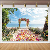 Lofaris Romantischer Strand Hochzeitshintergrund mit Blumenbogen, elegante Kulisse für Hochzeitsfotos und Eventdekoration