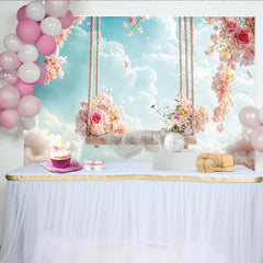 Lofaris: Rosa Frühlingsblumen-Schaukelhintergrund mit Wolken und Spitze, verträumte Kulisse für Baby- und Kinderfotografie