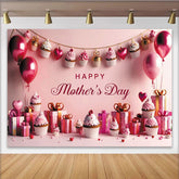 Lofaris Rosa Happy Mother's Day Muttertagshintergrund mit Cupcakes, elegante Fotowand mit Geschenkboxen und Luftballons für Fotoshooting
