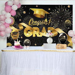Lofaris Eleganter schwarz-goldener Abschlussfeier-Hintergrund mit Glitzer und Kappe, funkelnde Fotowand für festliche Partydekoration
