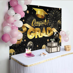 Lofaris Eleganter schwarz-goldener Abschlussfeier-Hintergrund mit Glitzer und Kappe, funkelnde Fotowand für festliche Partydekoration