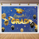 Lofaris Blau Gold Abschlussfeierhintergrund mit Feuerwerk Luftballons Doktorhut, glänzende Kulisse für Graduierungsfeier Dekoration