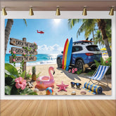 Lofaris Sommerlicher Strandfotohintergrund mit Surfbrettern und Palmen, perfekte Fotokulisse für Urlaub und tropische Abenteuer