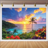 Lofaris Tropischer Sonnenuntergangs-Strandhintergrund mit Palmen und farbenfrohem Himmel, perfekte Fotokulisse für Urlaubsstimmung