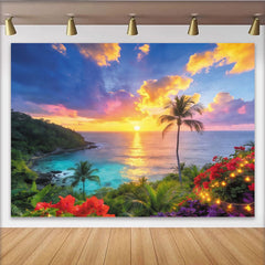 Lofaris Tropischer Sonnenuntergangs-Strandhintergrund mit Palmen und farbenfrohem Himmel, perfekte Fotokulisse für Urlaubsstimmung