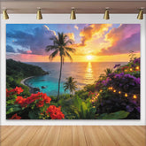 Lofaris Tropischer Sonnenuntergang Hintergrund mit Palmen und farbenfrohem Himmel, romantische Strandkulisse für Urlaubsfotos und Dekoration