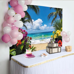 Lofaris Tropischer Strand Fotohintergrund mit Palmen und türkisem Meer, farbenfrohe Kulisse für Sommerparty und Fotostudio