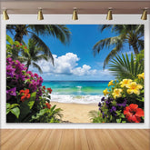 Lofaris Tropischer Strand Fotohintergrund mit Palmen und türkisem Meer, farbenfrohe Kulisse für Sommerparty und Fotostudio