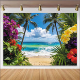 Lofaris Lebendiger tropischer Strand Hintergrund mit Palmen und bunten Blumen, eine farbenfrohe Fotokulisse für Sommer und Urlaub