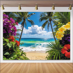 Lofaris Lebendiger tropischer Strand Hintergrund mit Palmen und bunten Blumen, eine farbenfrohe Fotokulisse für Sommer und Urlaub