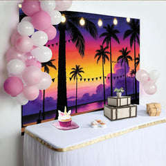 Lofaris Leuchtender Tropischer Sonnenuntergang Fotohintergrund mit Palmen und Lichterketten, festliche Strandkulisse für Sommerparty Dekoration