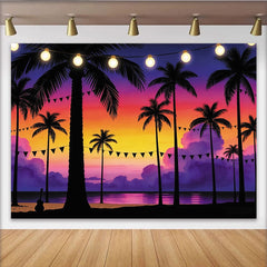 Lofaris Leuchtender Tropischer Sonnenuntergang Fotohintergrund mit Palmen und Lichterketten, festliche Strandkulisse für Sommerparty Dekoration