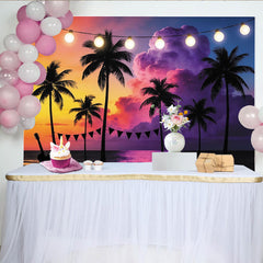 Lofaris Tropischer Sonnenuntergang Party Hintergrund mit Palmen und Lichterkette, bunte Strand Kulisse für Fotoshooting