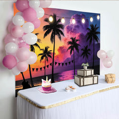 Lofaris Tropischer Sonnenuntergang Party Hintergrund mit Palmen und Lichterkette, bunte Strand Kulisse für Fotoshooting