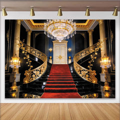 Lofaris Königlicher Treppenhaus Hintergrund mit rotem Teppich und goldenen Säulen, elegante Kulisse für professionelle Fotografie und Events