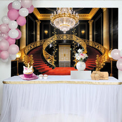 Lofaris Eleganter Schwarz-Gold Treppenhaus-Kulisse mit rotem Teppich, prunkvolle Fotowand für professionelle Fotoshootings