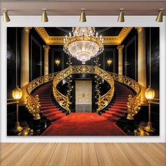 Lofaris Eleganter Schwarz-Gold Treppenhaus-Kulisse mit rotem Teppich, prunkvolle Fotowand für professionelle Fotoshootings