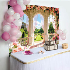 Lofaris Romantischer floraler Hochzeitshintergrund mit rosa Rosen und Bögen, elegante Fotowand für Hochzeitsfeier und Fotoshooting