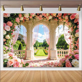 Lofaris Romantischer floraler Hochzeitshintergrund mit rosa Rosen und Bögen, elegante Fotowand für Hochzeitsfeier und Fotoshooting