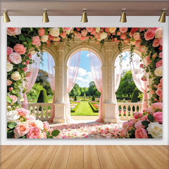 Lofaris Romantischer floraler Hochzeitshintergrund mit rosa Rosen und Bögen, elegante Fotowand für Hochzeitsfeier und Fotoshooting