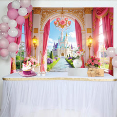 Lofaris Rosa Märchenschloss Fotohintergrund mit goldenen Akzenten, wunderschöne Schloss-Kulisse für Kindergeburtstag Fotoshooting