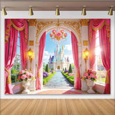 Lofaris Rosa Märchenschloss Fotohintergrund mit goldenen Akzenten, wunderschöne Schloss-Kulisse für Kindergeburtstag Fotoshooting