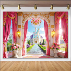 Lofaris Rosa Märchenschloss Fotohintergrund mit goldenen Akzenten, wunderschöne Schloss-Kulisse für Kindergeburtstag Fotoshooting