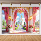 Lofaris Rosa Märchenschloss-Fotohintergrund mit goldenen Akzenten für Prinzessinnen, elegante Fotokulisse für Kindergeburtstage