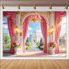 Lofaris Rosa Märchenschloss-Fotohintergrund mit goldenen Akzenten für Prinzessinnen, elegante Fotokulisse für Kindergeburtstage