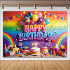 Lofaris Regenbogen Geburtstagshintergrund mit Happy Birthday Schriftzug, bunte Luftballons und Ziegelwand als Party Fotowand