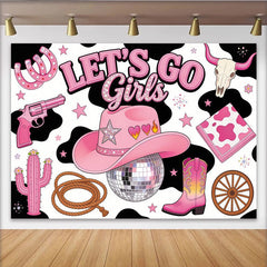 Lofaris Rosa Cowgirl-Geburtstagshintergrund "Let's Go Girls" mit Disco-Hut, Western-Party-Kulisse für Fotoshootings