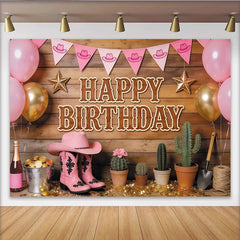 Lofaris Rosa Cowgirl-Geburtstagshintergrund für Mädchen mit Cowboyhut und Stiefeln, rustikale Holzwand Kulisse für Party Fotoshootings