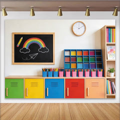 Lofaris Bunter Regenbogen-Klassenzimmer-Hintergrund für Kinder und Schule, kreative Fotokulisse mit Tafel und Buntstiften für Fotostudio
