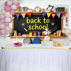 Lofaris Bunter Schulanfangshintergrund mit Tafel und Schulmaterialien, fröhliche Fotowand für Schulbeginn und Klassenzimmer