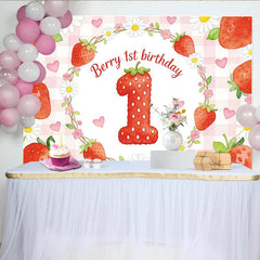 Lofaris Erdbeer-Geburtstagshintergrund für Mädchen zum 1. Geburtstag, rosa karierte Fotowand mit Gänseblümchen für die Party