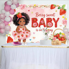 Lofaris Erdbeer Babyparty Hintergrund mit süßem Baby und Blumen, dekoratives Banner für eine sommerliche Babyparty