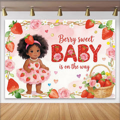 Lofaris Erdbeer Babyparty Hintergrund mit süßem Baby und Blumen, dekoratives Banner für eine sommerliche Babyparty