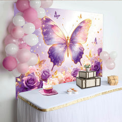 Lofaris Lila Schmetterling Fotohintergrund mit goldenen Rosen und Glitzer, traumhafte Kulisse für professionelles Fotostudio