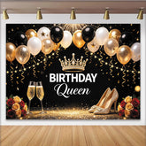 Lofaris Schwarz-goldener Geburtstagshintergrund für Damen mit Krone und High Heels, elegante Fotokulisse für glamouröse Partydekoration