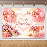 Lofaris Rosa Happy Birthday Geburtstagshintergrund für Frauen, elegante Fotowand mit Luftballons und Torte für Party