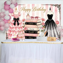 Lofaris Rosa Fashion-Geburtstagshintergrund für Frauen und Mädchen, elegante Fotowand mit Kleidern und Rosen für die Party