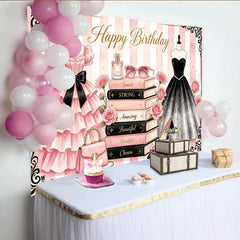 Lofaris Rosa Fashion-Geburtstagshintergrund für Frauen und Mädchen, elegante Fotowand mit Kleidern und Rosen für die Party