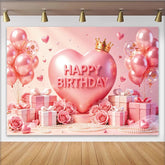 Lofaris Rosa Happy Birthday Geburtstagshintergrund mit Luftballons und Krone, elegante Partydekoration für Fotoshooting