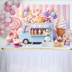Lofaris Pastellfarbener Eiswagen-Fotohintergrund für Kinder, bunte Donuts und Luftballons Kulisse für Fotoshooting
