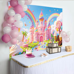 Lofaris Süßigkeiten-Schloss Geburtstagshintergrund mit Regenbogen und Eiscreme, bunte Fotokulisse für Kindergeburtstag