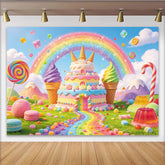 Lofaris Bunter Regenbogen-Geburtstagshintergrund mit Süßigkeiten und Tortenschloss, farbenfrohe Kulisse für Kindergeburtstag