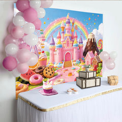 Lofaris Buntes Süßigkeiten-Geburtstagshintergrund mit Schloss und Regenbogen, magische Fotokulisse für Kindergeburtstag